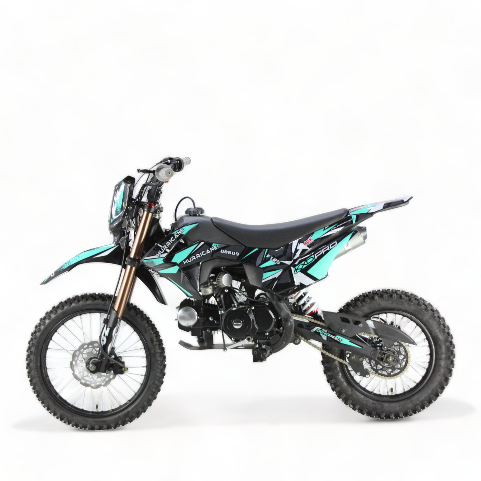 Motocicleta cross copii kxd 125cc, db 609 pro, 4t, roti 17"/14", e+k e-starter, culoare negru/turcoaz cu far